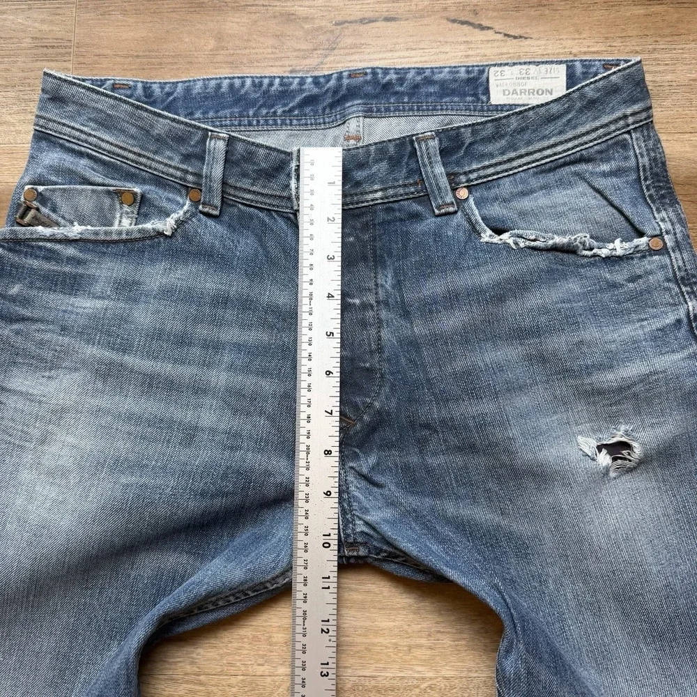 Diesel Darron Jeans Men 33x27 Blue Slim Tapered Distressed Dark Wash (Hemmed)